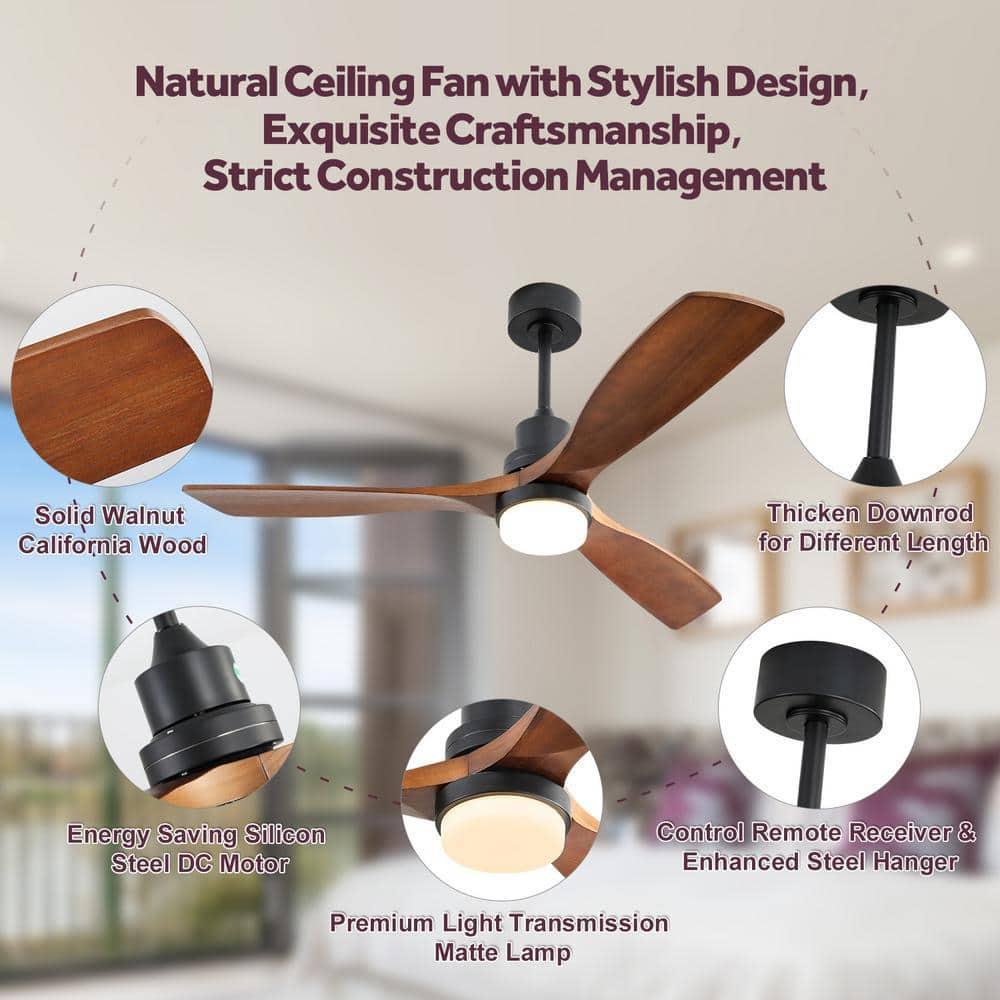 Ventilador de Techo Moderno de 52" sin Luz, Control Remoto y Motor CC Reversible Incluido Negro con Veta de Madera Oscura