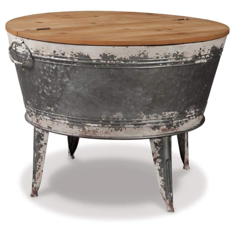 Distressed Metal Frame Cocktail Table with Hinged Lift Top Storage Brown/Gray - Benzara