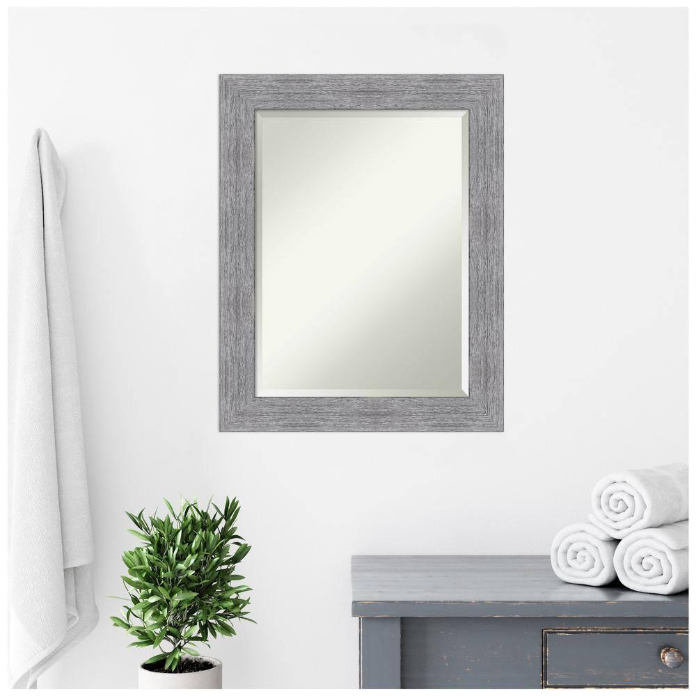 Amanti Art Beveled Bathroom Wall Mirror - Bark Rustic Char Frame Bark Rustic Grey Outer Size: 23 x 29 in Silver, Brown, Grey
