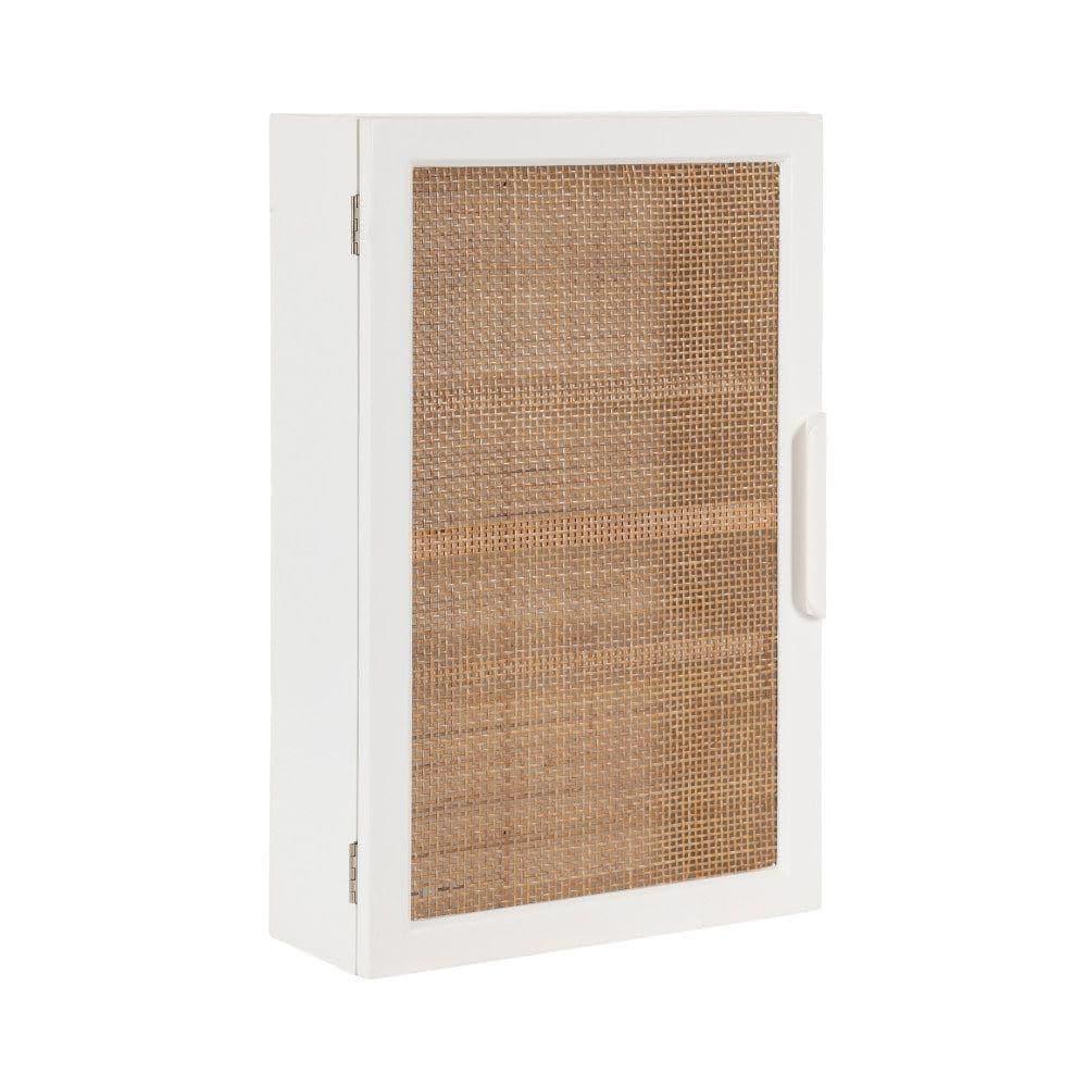 Kate and Laurel Ori Transitional Cane Wall Cabinet with Door, 15 x 7 x 24, Painted White Wood and Natural Rattan, Decorative Rattan Over the Toilet Cabinet with Three Shelves for Decor and Display
