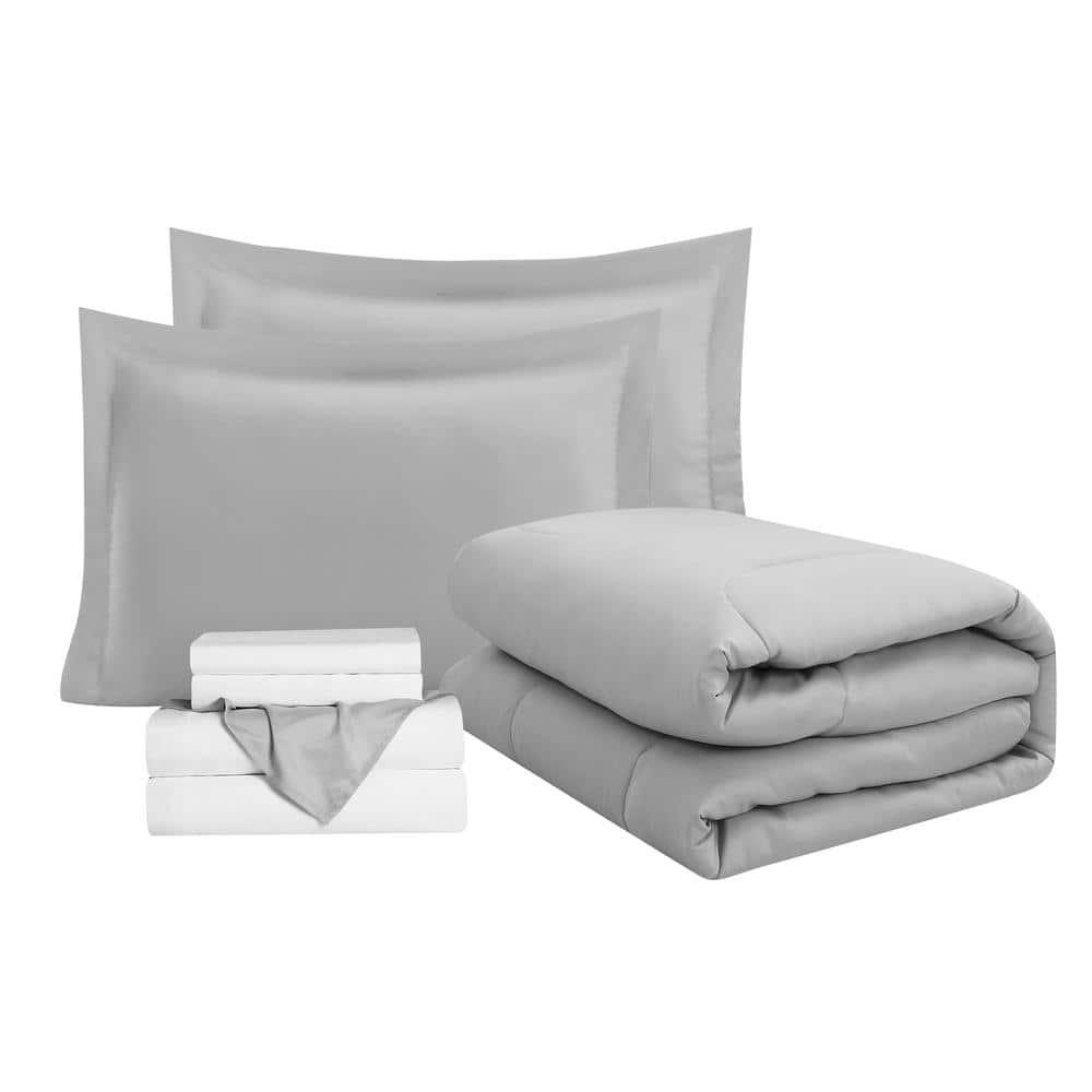 Swift Home | 8-Piece Ultra Soft Solid Bed-In-A-Bag Bedding Set Light Gray Queen