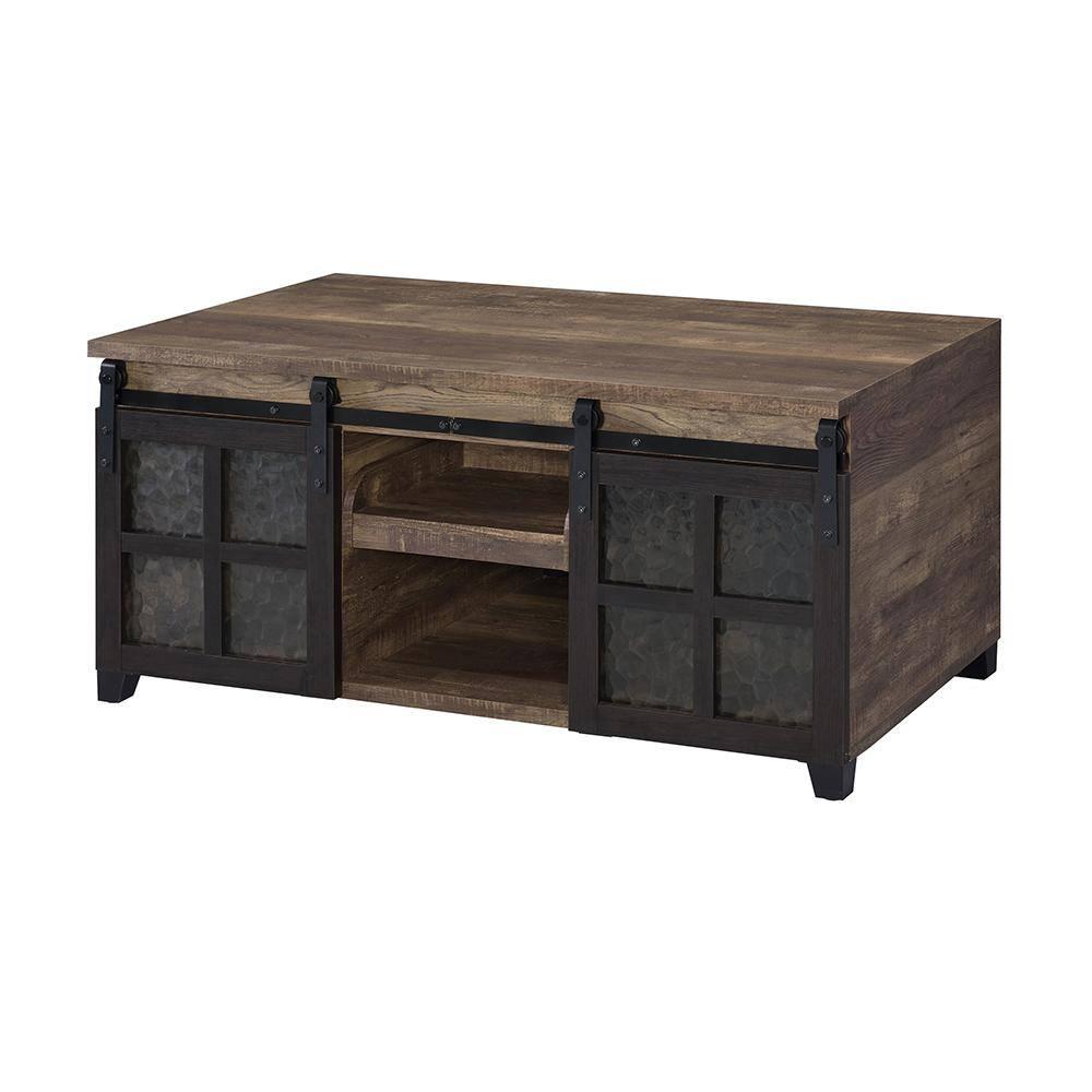 DremFaryoyo Nineel Coffee Table  Obscure Glass  Rustic Oak & Black Finish 87955
