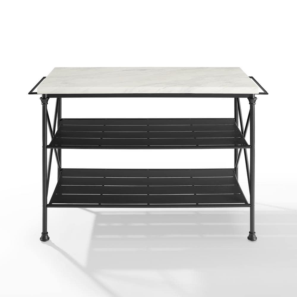 Crosley Madeleine Kitchen Island Matte Black: French Industrial Style, Steel Base, Open Storage Shelves, Towel Bars