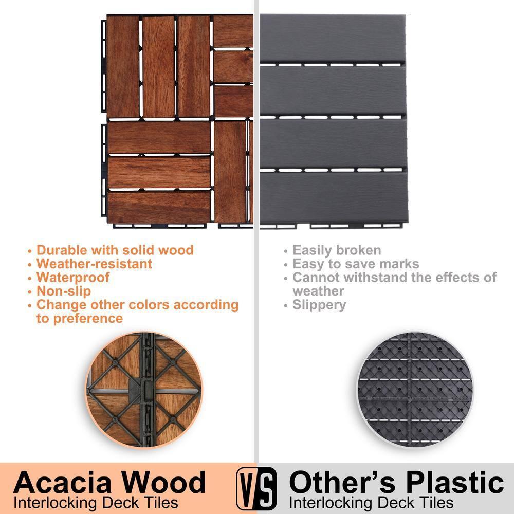 12" x 12" Brown Acacia Wood Interlocking Deck Tiles Set