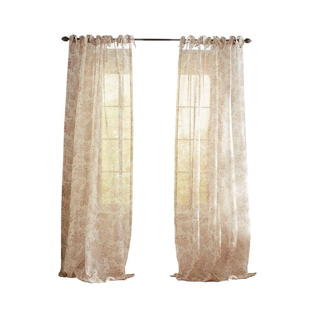 Westport Floral Tie-Top Cottagecore Sheer Single Window Curtain Panel - 52" x 84" - Flax - Elrene Home Fashions