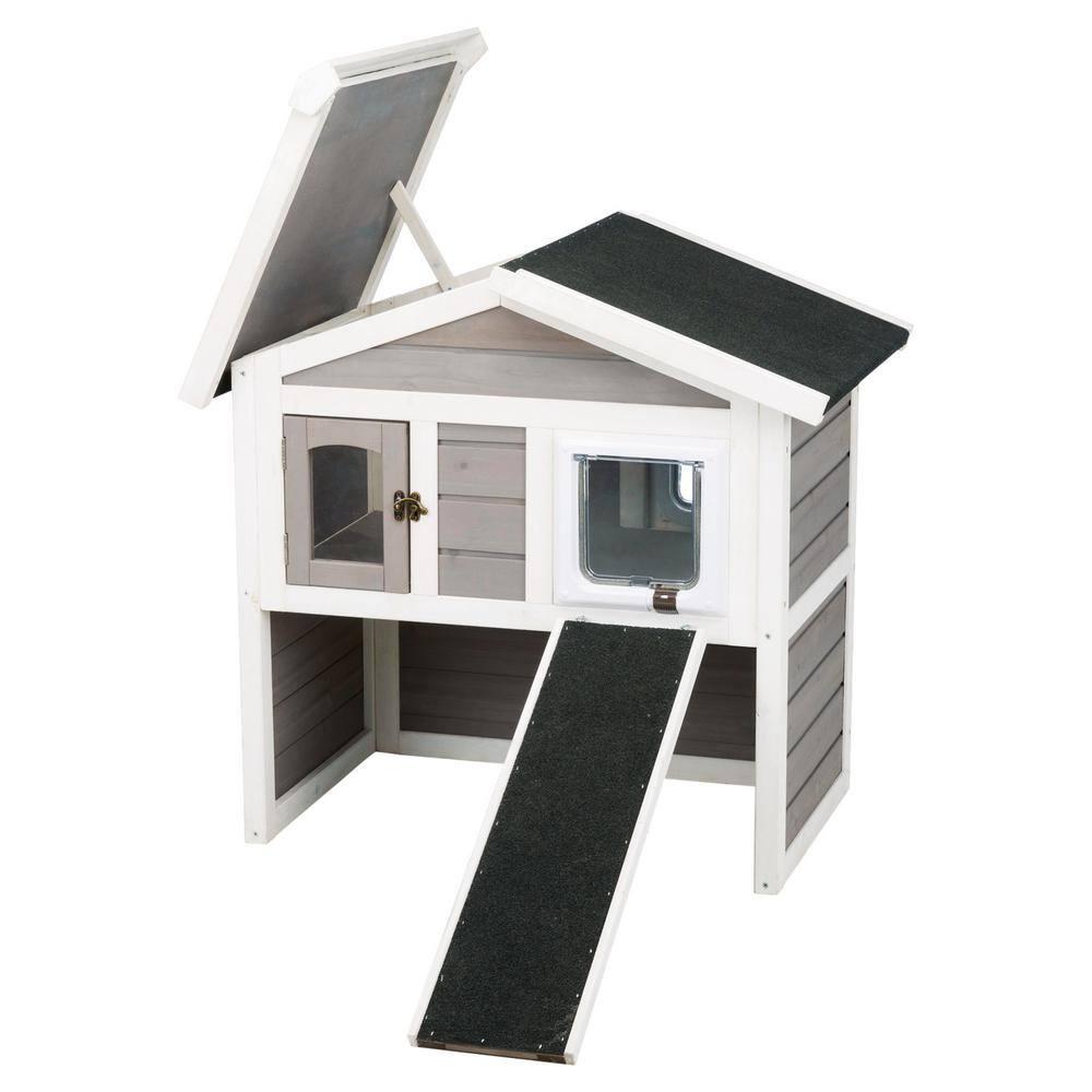 Gray and White 2-Story Insulated Outdoor Cat House with Ramp
