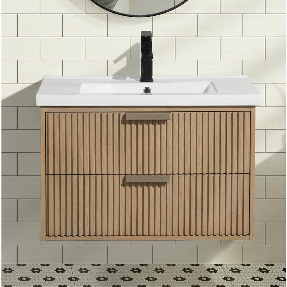 San Diego 30" Oak Floating Bathroom Vanity with Ceramic Sink