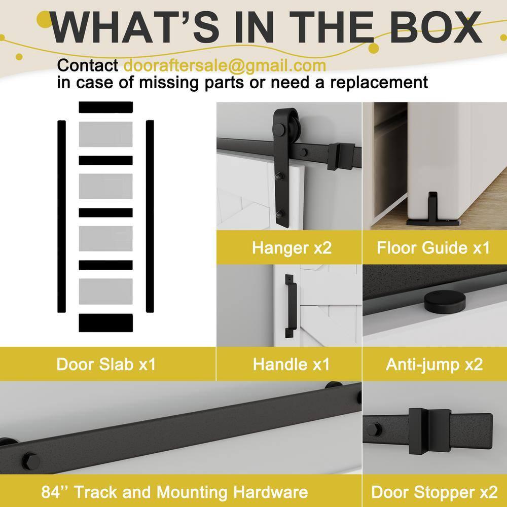 Sliding Barn Door, 4-Lite Tempered Frosted Glass, Solid Core MDF Wood & PVC Covered Finished, with Hardware Kit & Handle & Floor Guide, White