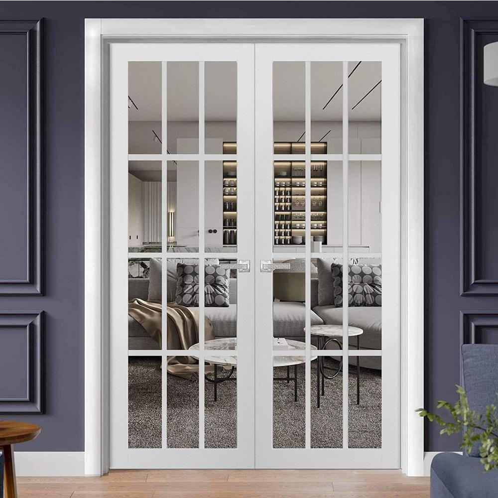 SARTODOORS Felicia Clear Glass French White Doors with Installation Hardware Kit