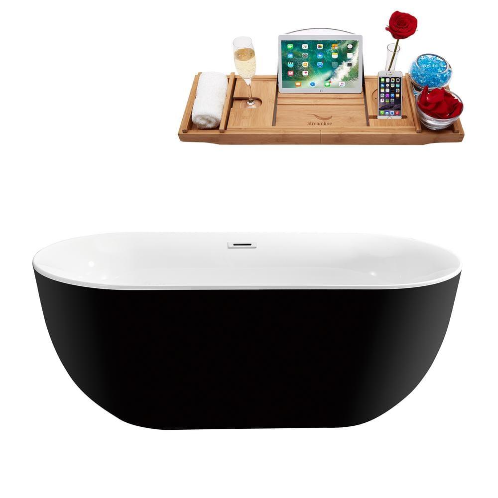 59" Streamline Freestanding Soaking Acrylic Bathtub With Drain and Bamboo Tray