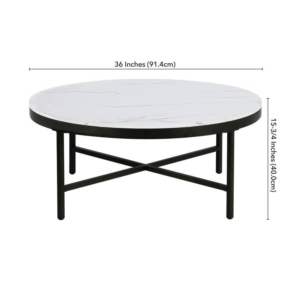 Evelyn&Zoe Xivil 36" Wide Round Coffee Table with Faux Marble Top in Blackened Bronze/Faux Marble