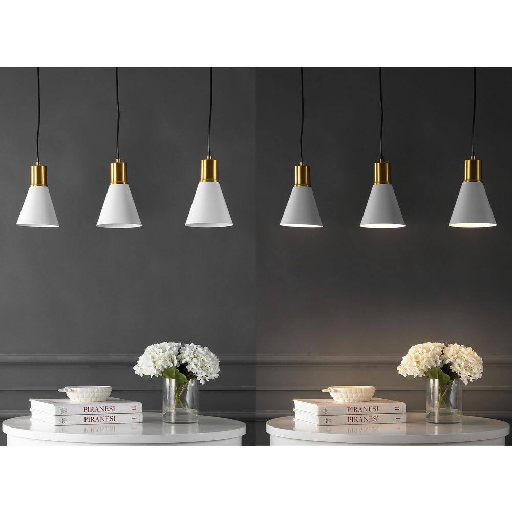 Apollo 33.5" 3-Light Mid-Century Modern Iron Adjustable Linear LED Pendant, White/Brass Gold