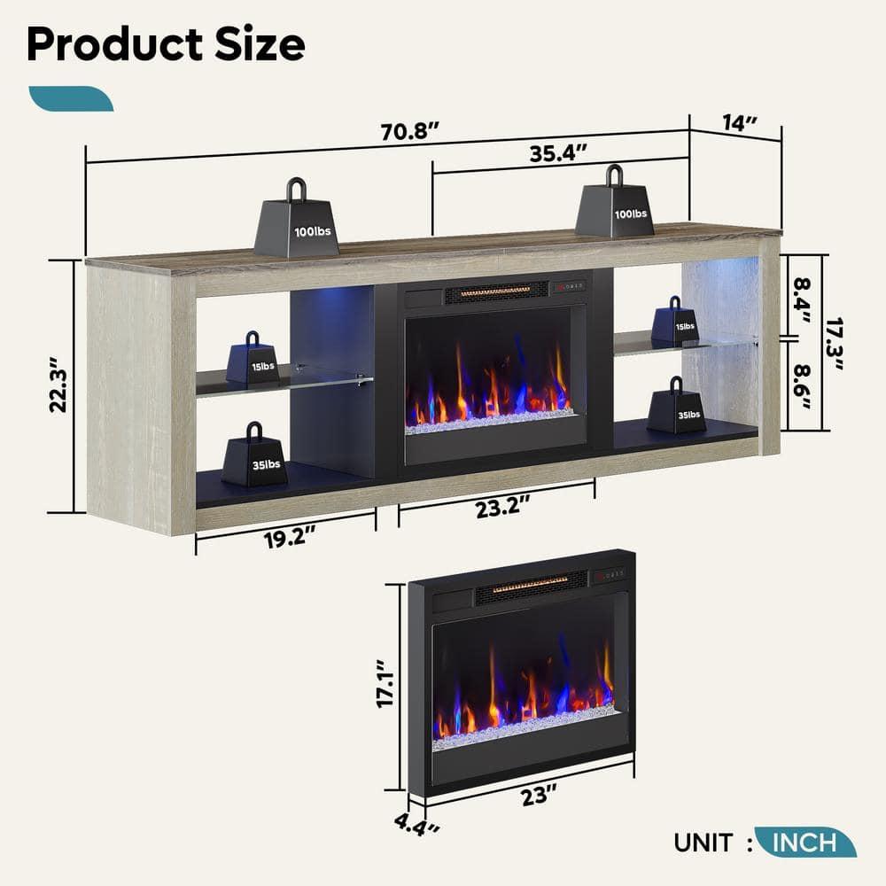 Bestier Modern Electric Fireplace TV Stand Entertainment Center for TVs up to 75" with LED Light and Storage Shelves in Wash White