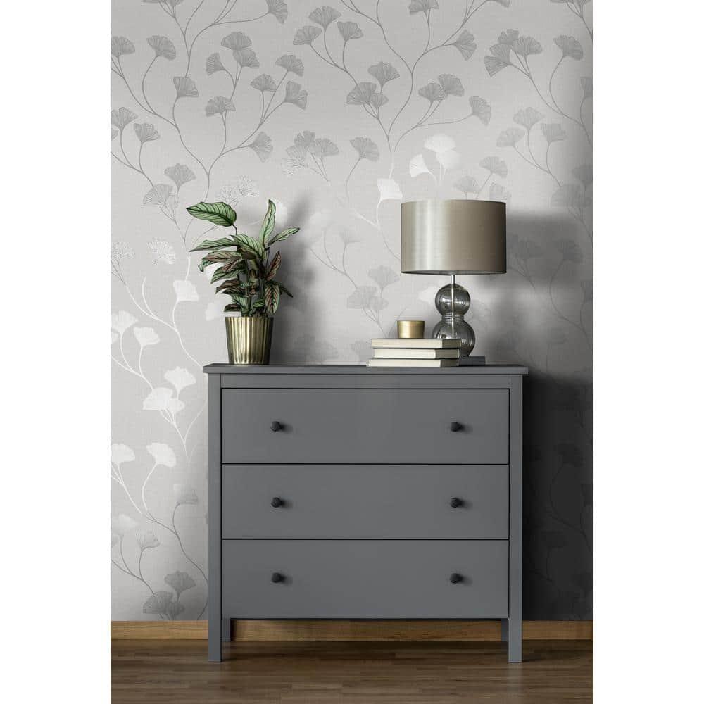 Holden Glistening Ginkgo Silver Wallpaper: Mid-Century Modern Floral Design, Non-Pasted Paper, Smooth Metallic Finish, 56 Sq Ft Coverage