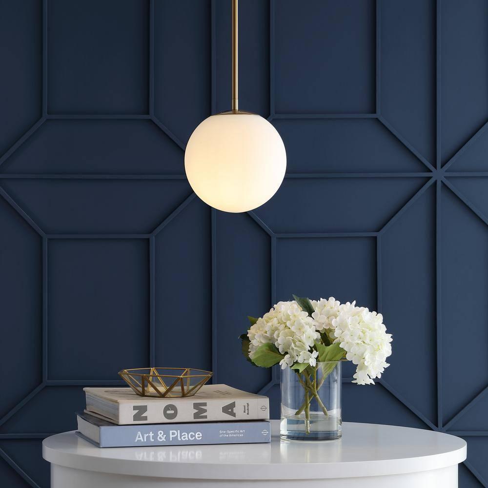 Bleecker 7.75" Metal/Glass Globe LED Pendant, White/Brass