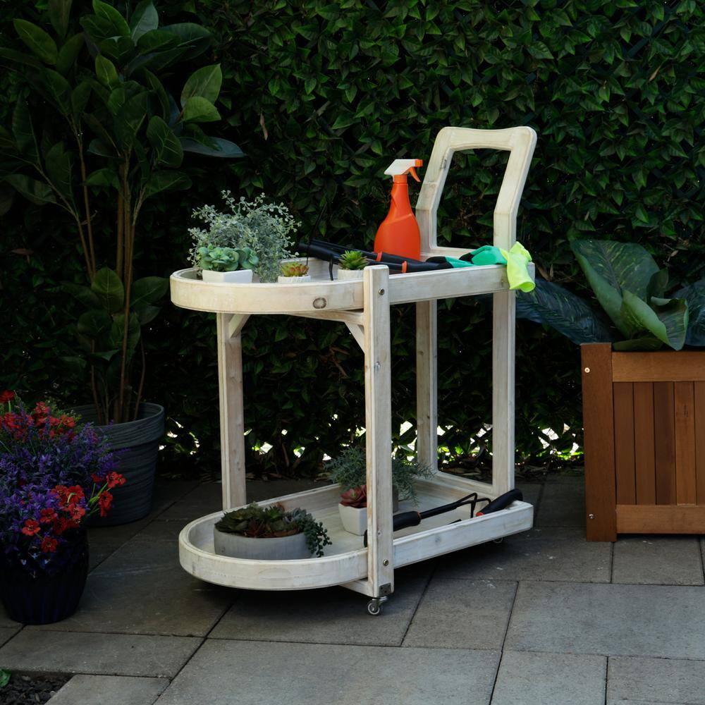 Alpine Corporation MBB174 Wood 2-Tier Rolling Storage Cart for Books, Plants, Decor, Rustic Storage Push Cart with 2 Shelves