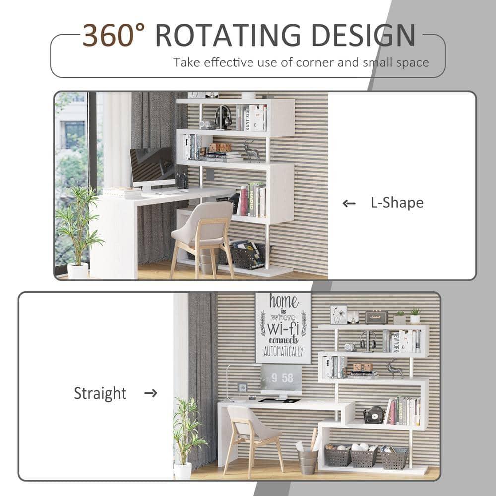 HomCom Modern L-Shaped 360° Rotating Computer Desk Corner Home Office Study Workstation with 5-Tier Storage Shelves, Bookshelf, White