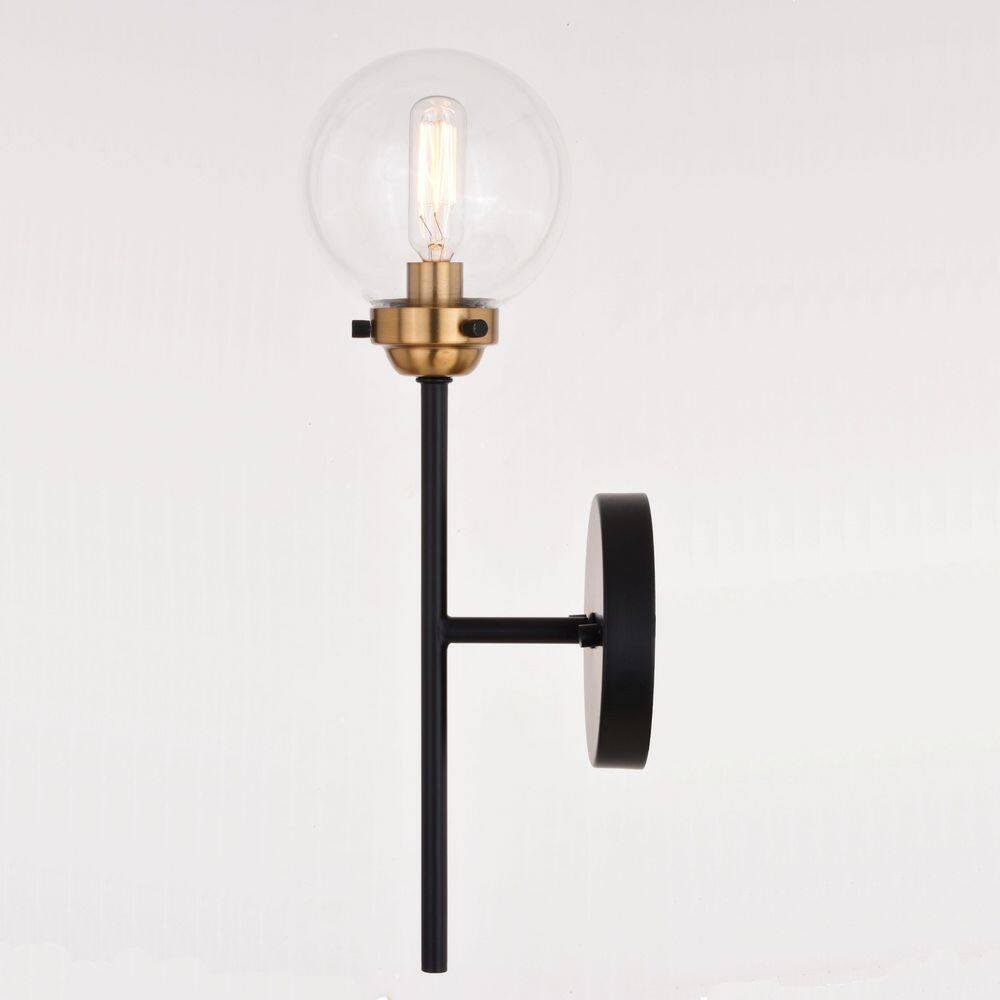 Vaxcel Orbit 1 Light Brass and Oil Rubbed Bronze Industrial MCM Wall Sconce Clear Glass Globe