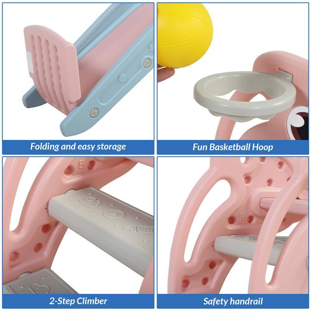 Nyeekoy 3 in 1 Foldable Toddler Large Slide w/ Climbing Ladder, Basketball Hoop, Indoor Outdoor Freestanding Playground for Kids