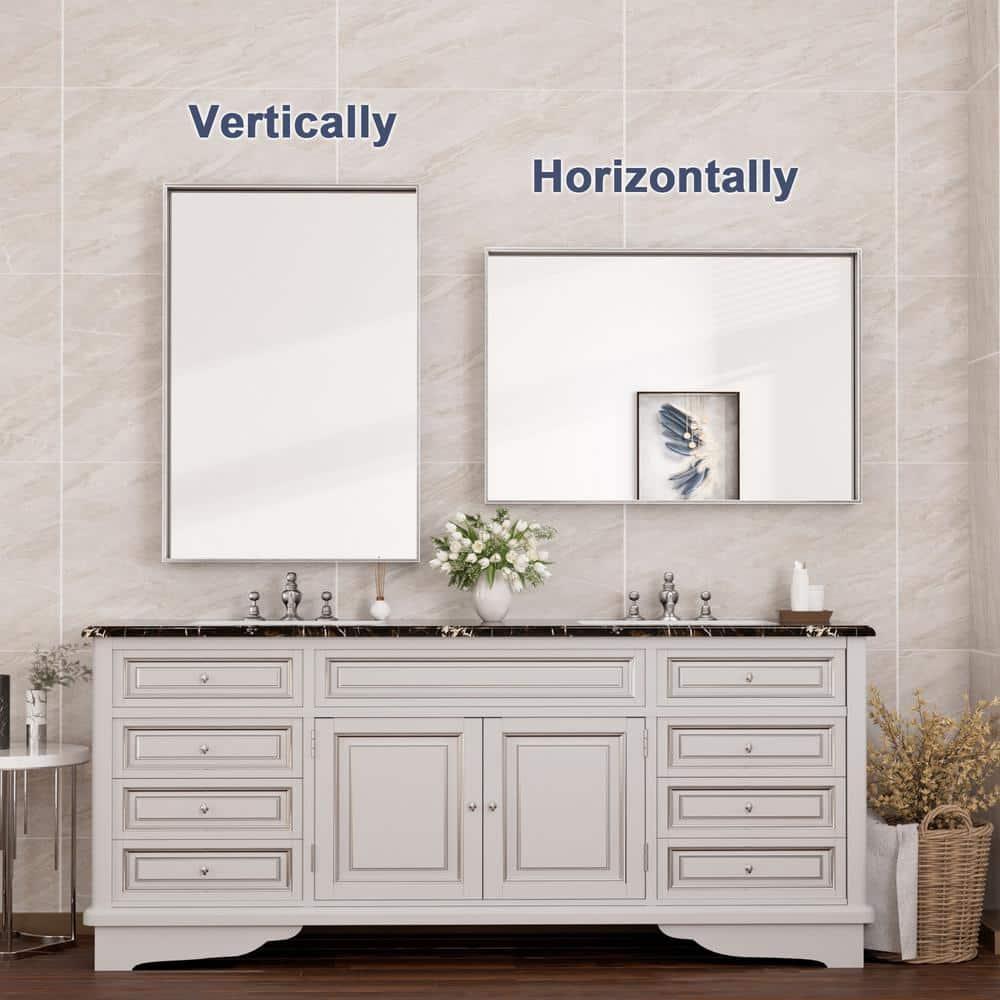 Keonjinn 24 x 32 in Brushed Nickel Bathroom Mirror for Wall, Silver Rectangular Metal Framed Vanity Mirror for Bathroom Sink Square Corner Aluminum Alloy Modern Rectangle Mirror(Horizontal/Vertical)