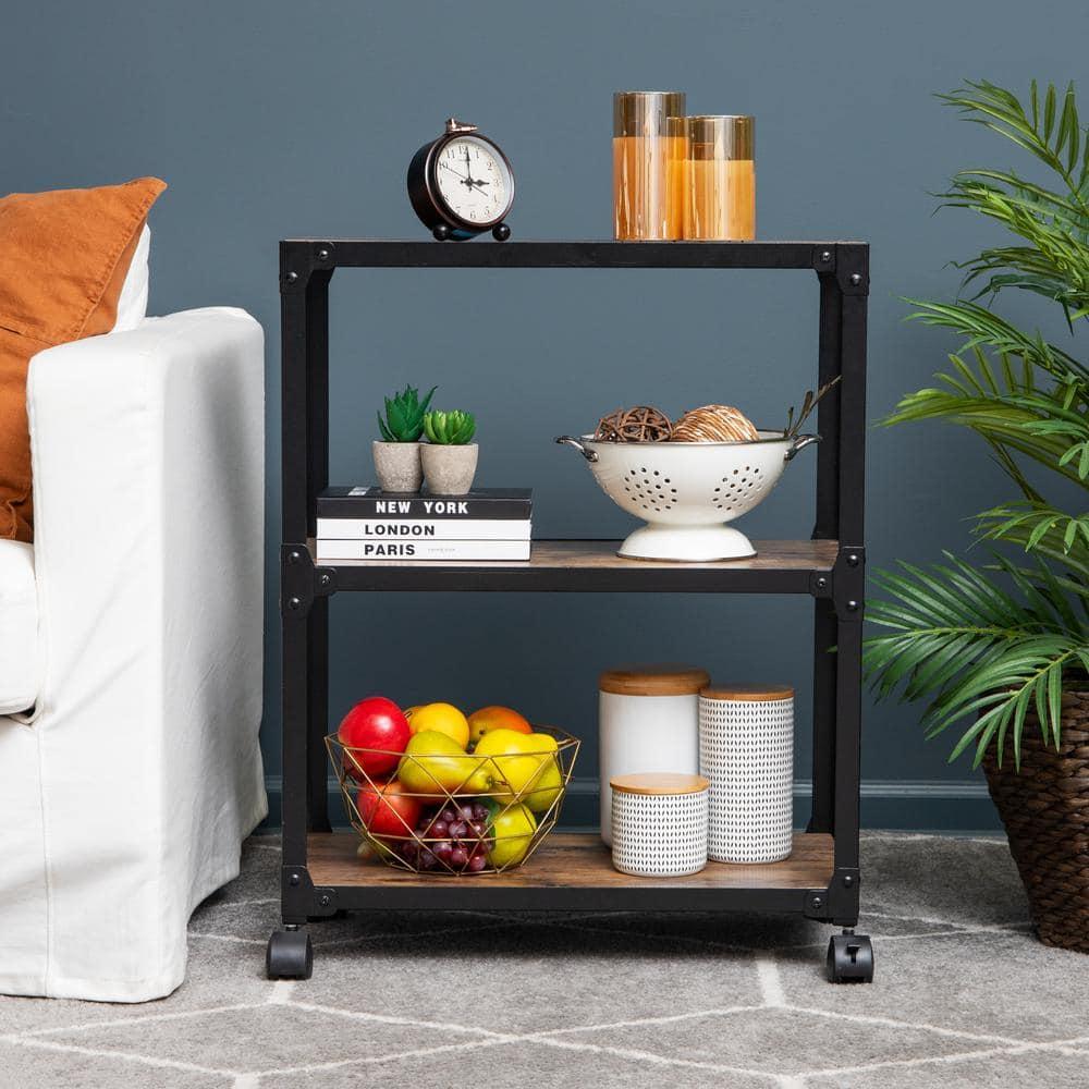 Mind Reader 3-Tier Rolling Bar Cart, Microwave Stand, Wood Metal, 29.5"H, Brown