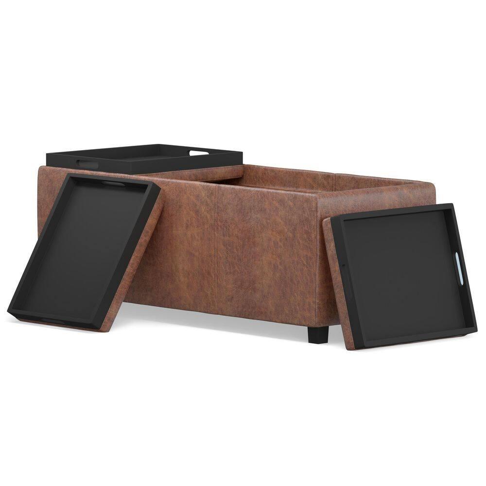 Simpli Home Avalon 42"W Upholstered Storage Ottoman with 3 Flip-Over Serving Trays