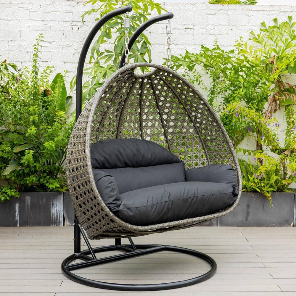 LeisureMod Charcoal Wicker Hanging 2 person Egg-Shaped Swing Chair, Black