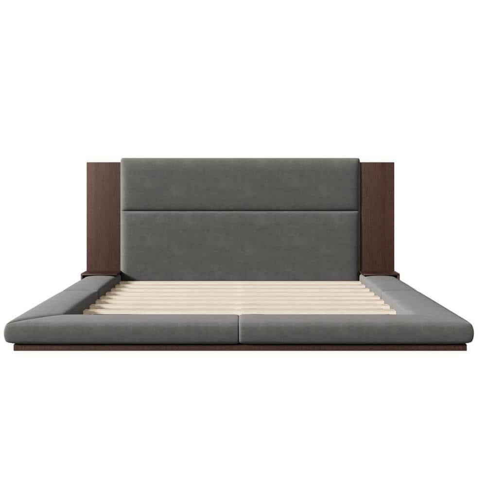 King Size Floor Upholstered Platform Bed with Extended Wood Headboard & Bedside Shelf, No Box Spring Needed, Easy to Assemble (Gray, King)