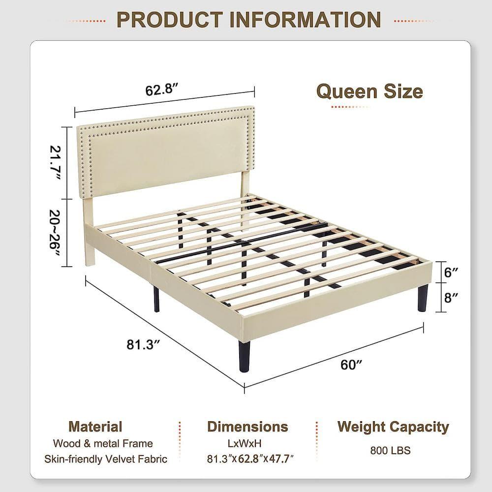 Katkuca Queen Bed Frame, Upholstered Queen Size Platform Bed Frame with Adjustable Headboard, Strong Wood Slat Support, No Box Spring Needed, Beige