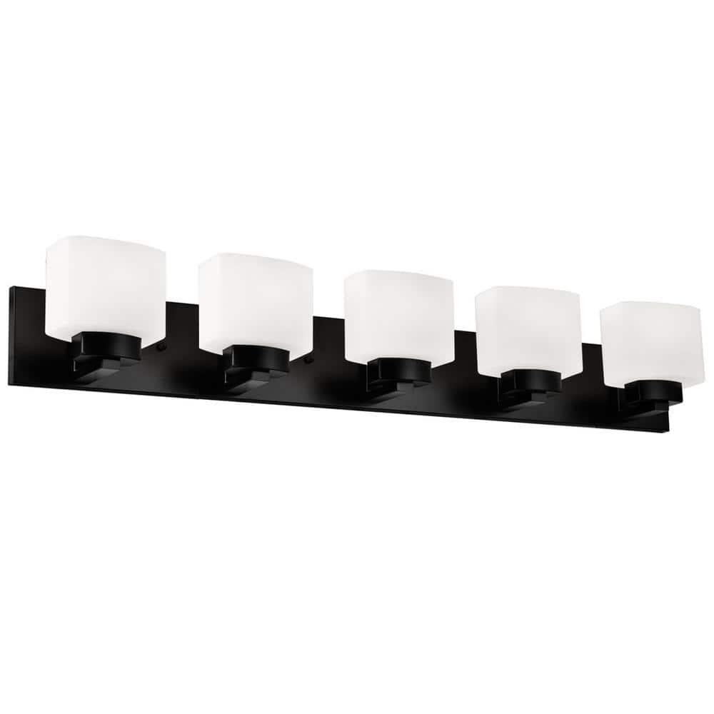 Design House Dove Creek 5-Light Dimmable Vanity Light with Frosted Glass Shades, Matte Black