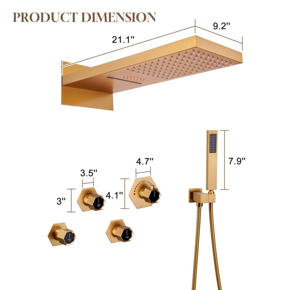 Large Brushed Gold Dual Shower Head System with LED and Bluetooth
