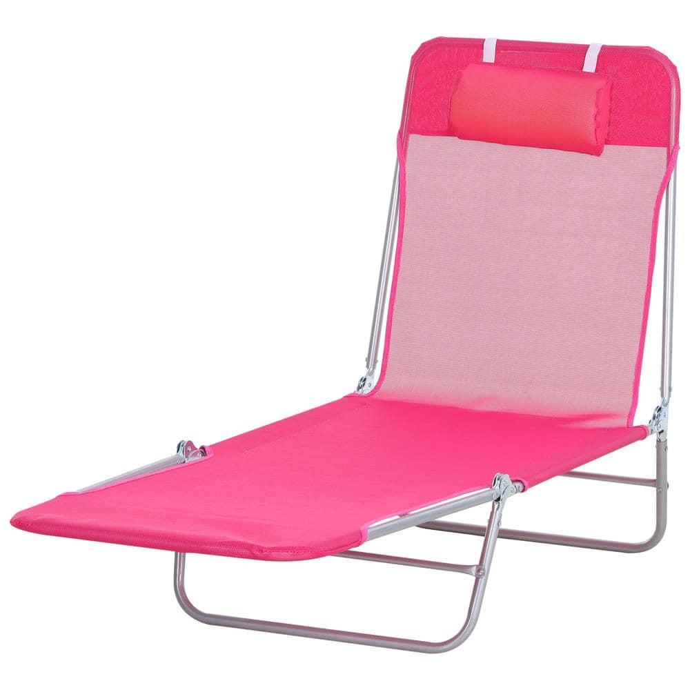 Outsunny Foldable Outdoor Chaise Lounge Chair, 5-Level Reclining Camping Tanning Chair with Breathable Mesh Fabric and Headrest, Pink