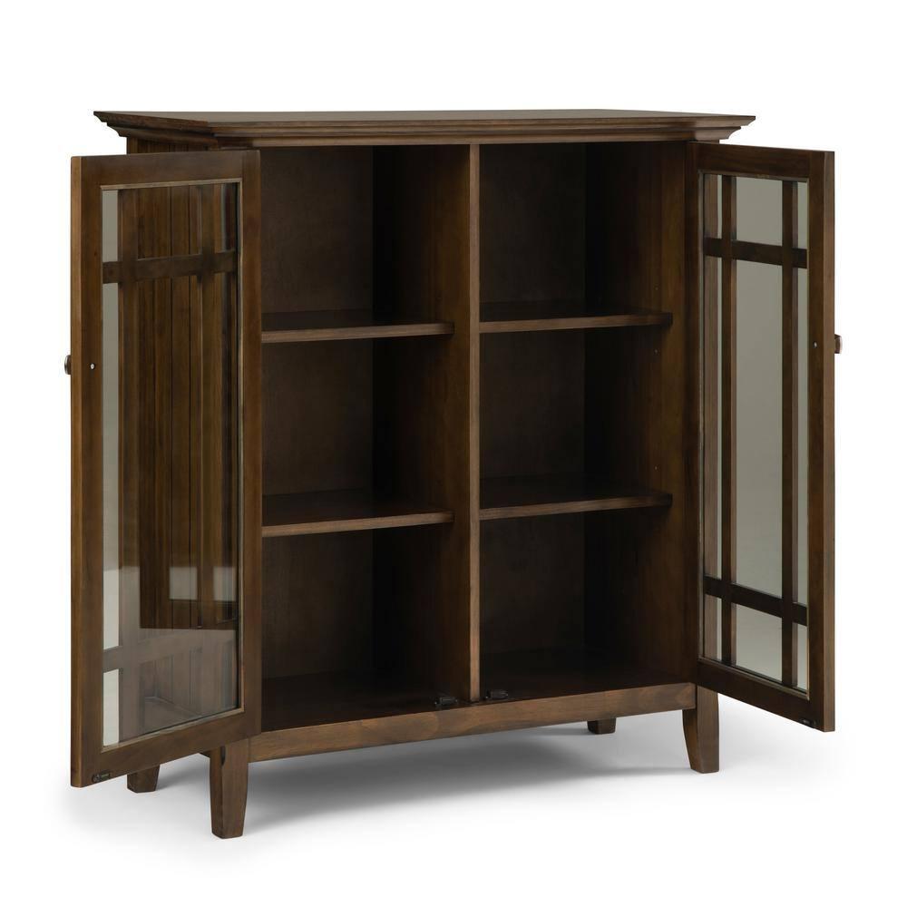 Simpli Home Bedford 39"W Solid Wood 4-Shelf Medium Storage Cabinet with Glass Doors and Adjustable Shelves
