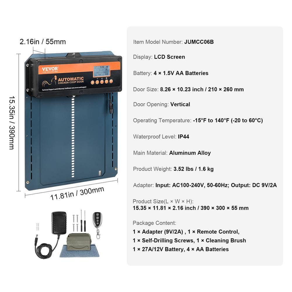VEVOR Automatic Chicken Coop Door, Auto Chicken Door Opener with Timer & Light Sensor Aluminum Chicken Coops Door with Remote Control and LCD Screen, 4 Modes Opening, Battery or DC Powered