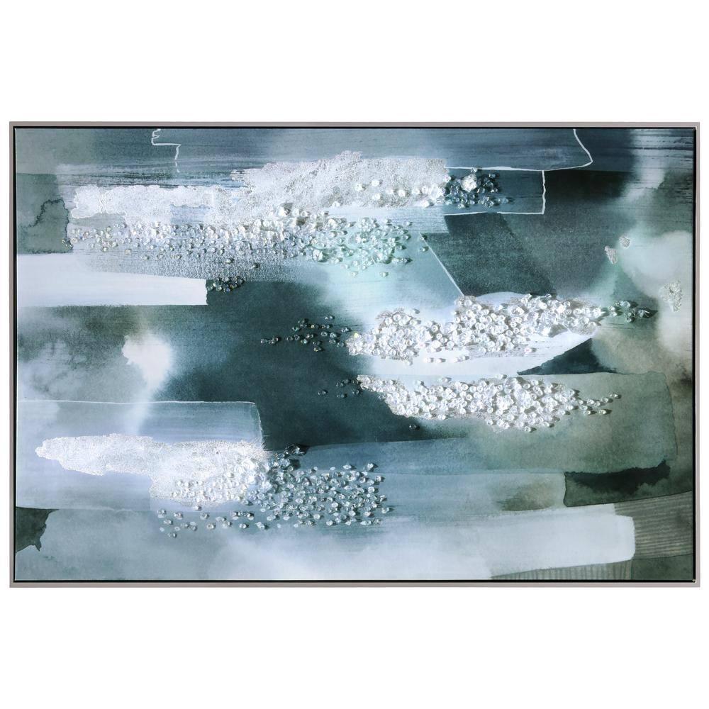 "Silver Mist I" Crystallus Epoxy Coated Wrapped Framed Glossy Canvas Wall Art with Heavy Acrylic Crystal Shards Embellishments