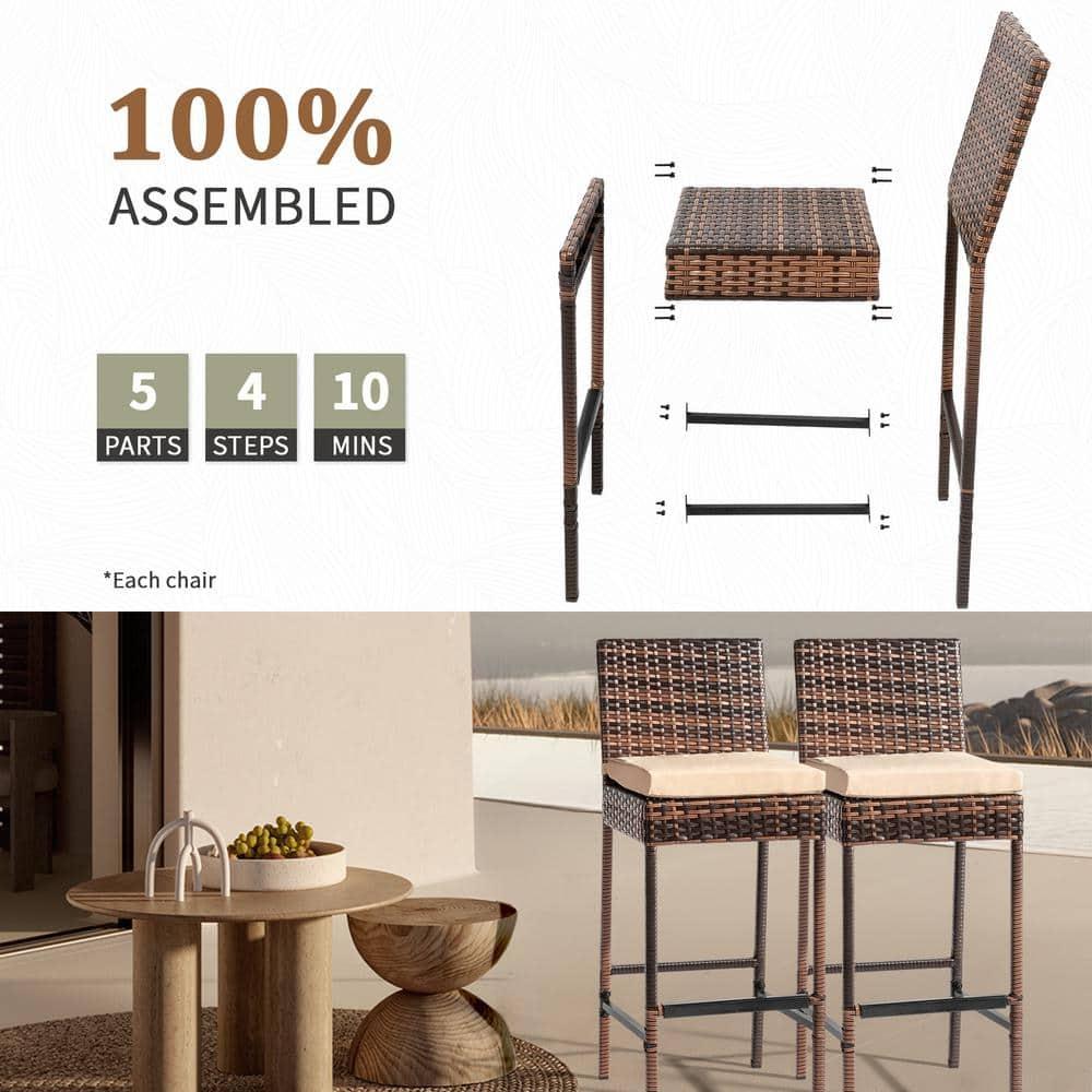 Off-white Cushioned Iron and Rattan Outdoor Bar Stools, Set of 2