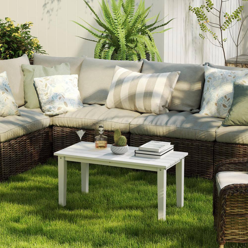 Outsunny HDPE Outdoor Coffee Table, Rectangle All-Weather Patio Coffee Table, Slatted Outdoor Patio Table for Garden, Balcony, Backyard, White