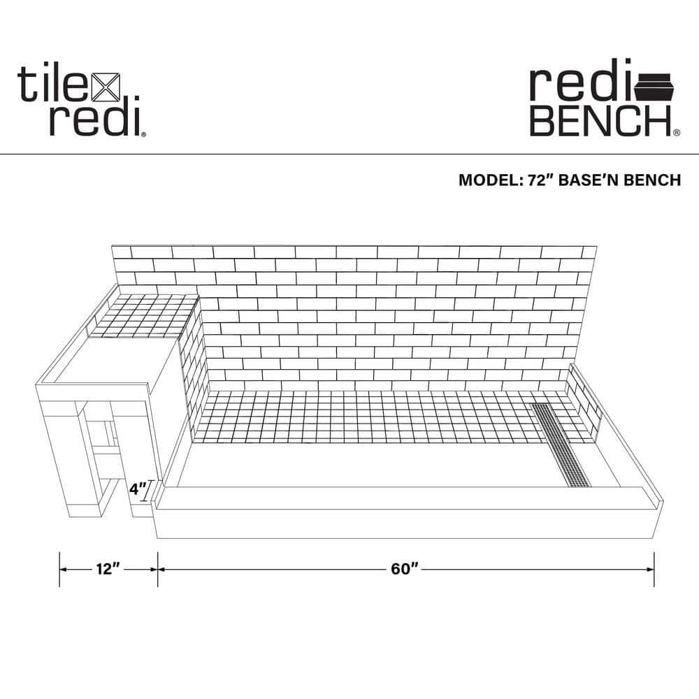 Tile Redi Rt3660r-Rb36-Kit Base'n Bench 72" X 36" Rectangular Shower Base - Grey w/ Matte