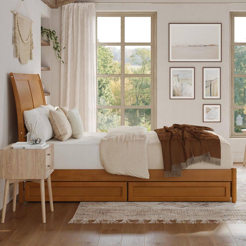 AFI, Andorra Queen Platform Bed with Panel Footboard and Storage Drawers, Light Toffee