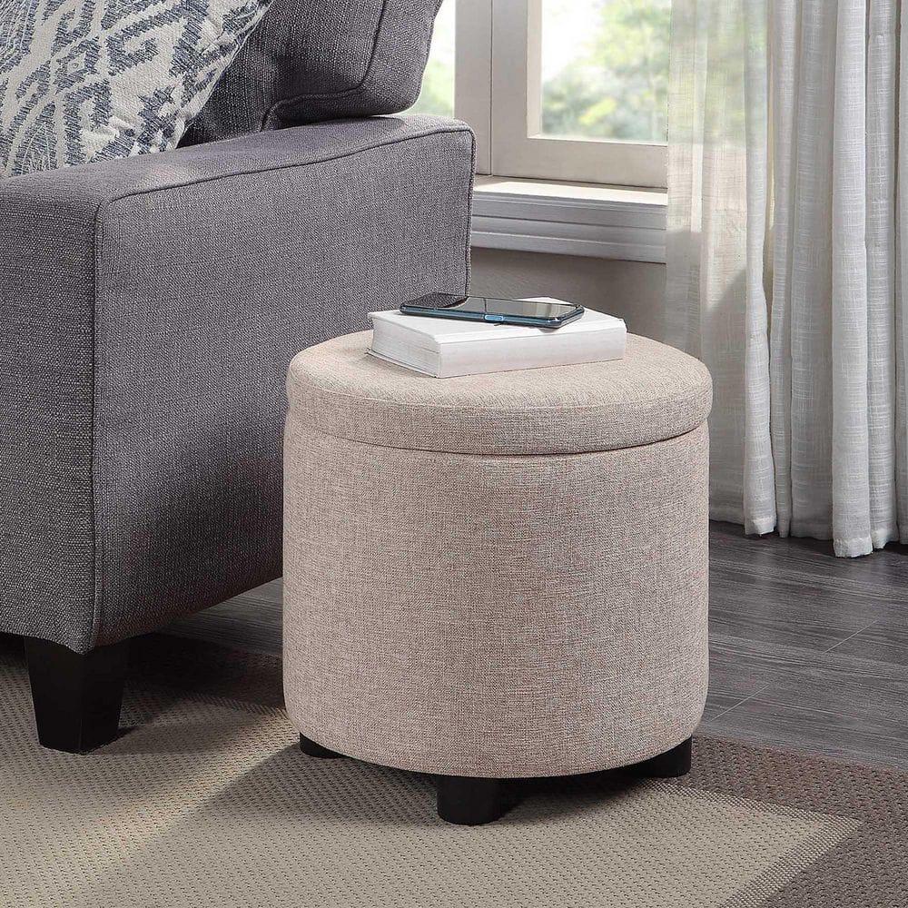 Designs4Comfort Round Accent Storage Ottoman with Reversible Tray Lid, Tan Fabric