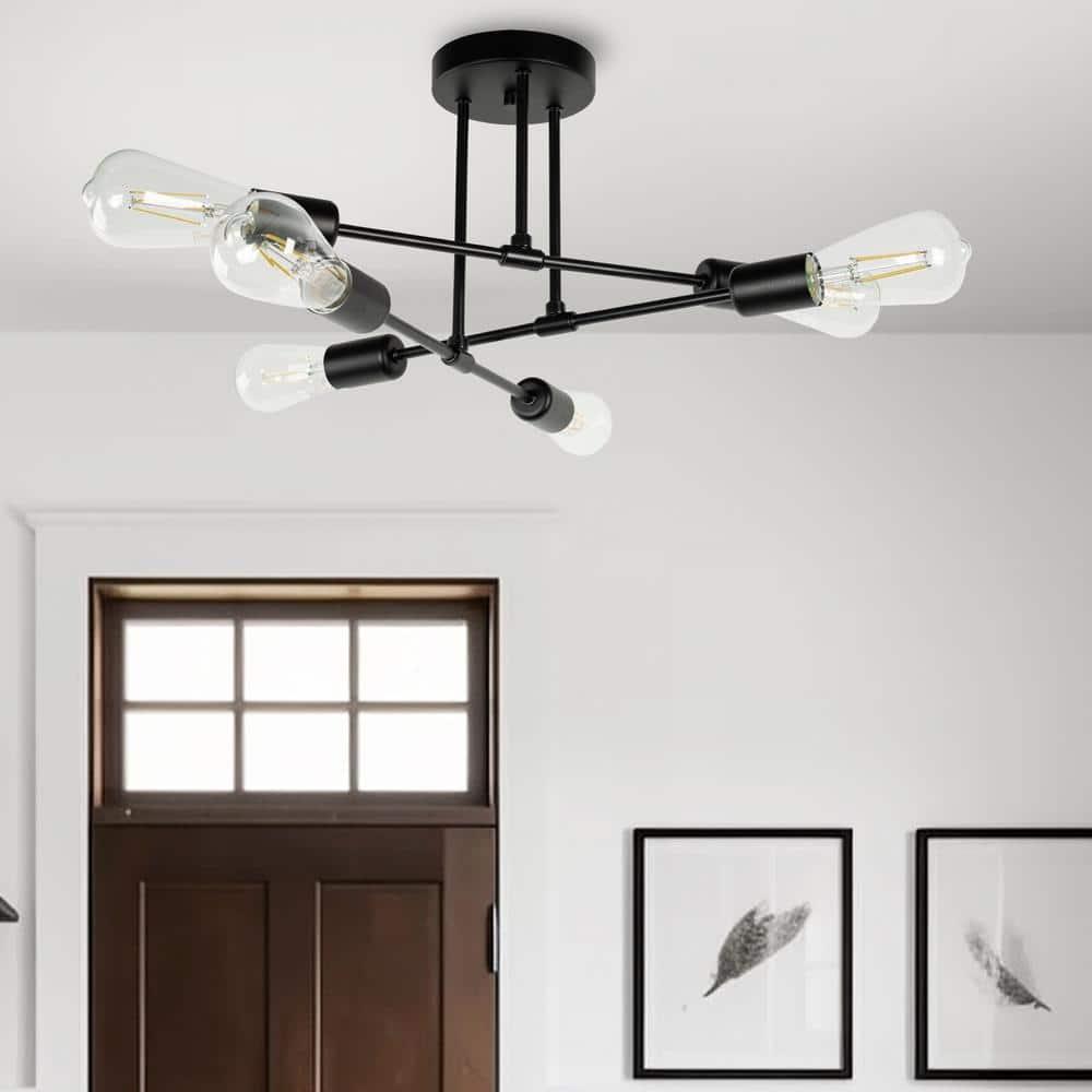 LOHASLED 6-Light Black Modern Sputnik Semi Flush Mount, Industrial Metal Fixtures for Bedroom Dining Room Living Room Hallway Office,Bulb NOT Included
