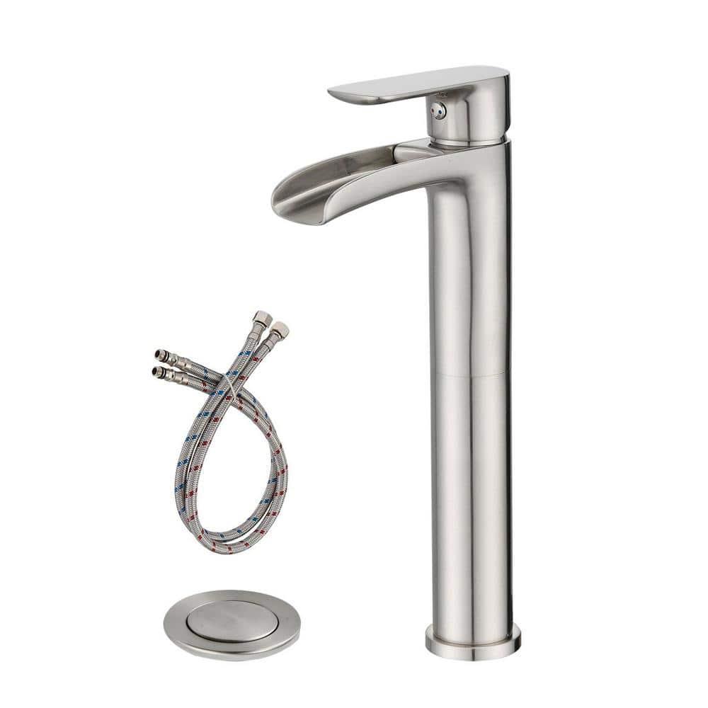 NEWATER Matte Black Tall Bathroom Vessel Sink Faucet, Single Hole Single Handle Waterfall Modern Bathroom Faucet, Vanity Faucet with Water Supply Line