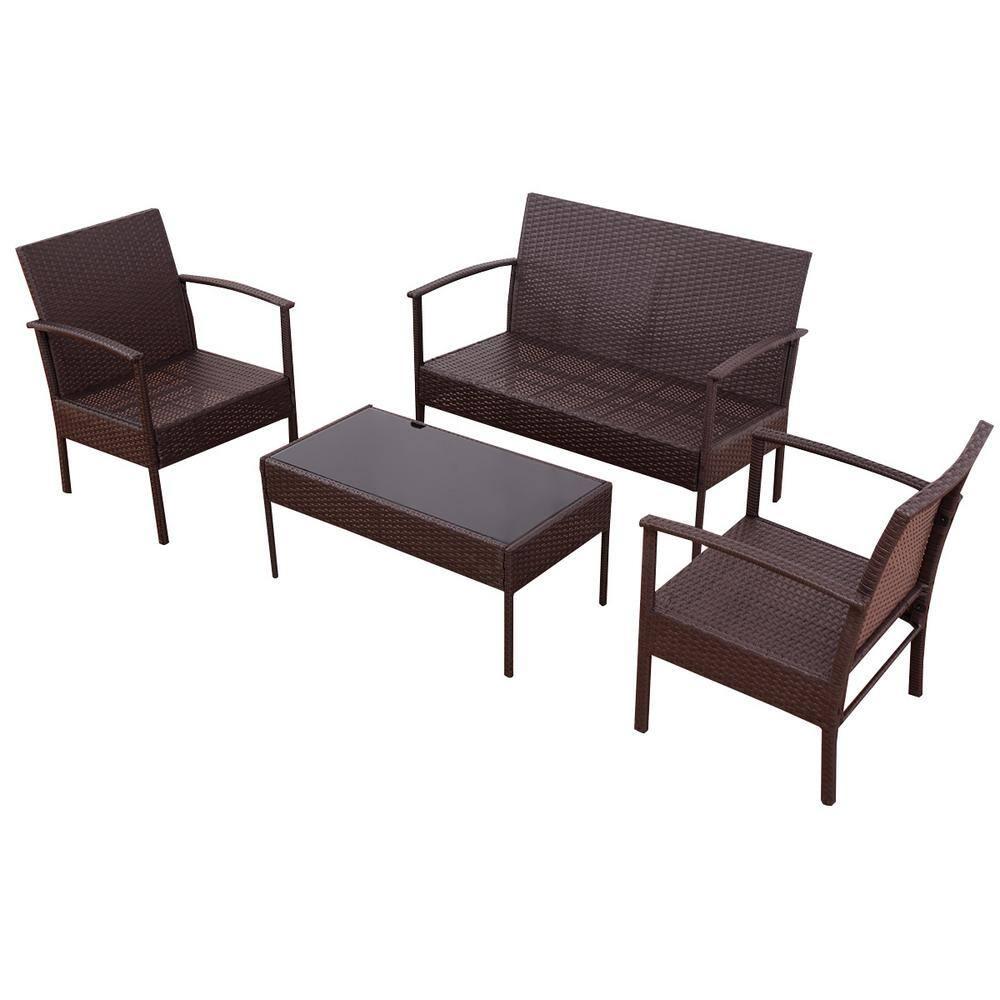 Costway 4PCS Patio Rattan Wicker Furniture Set Loveseat Sofa Cushioned Garden Yard Brown
