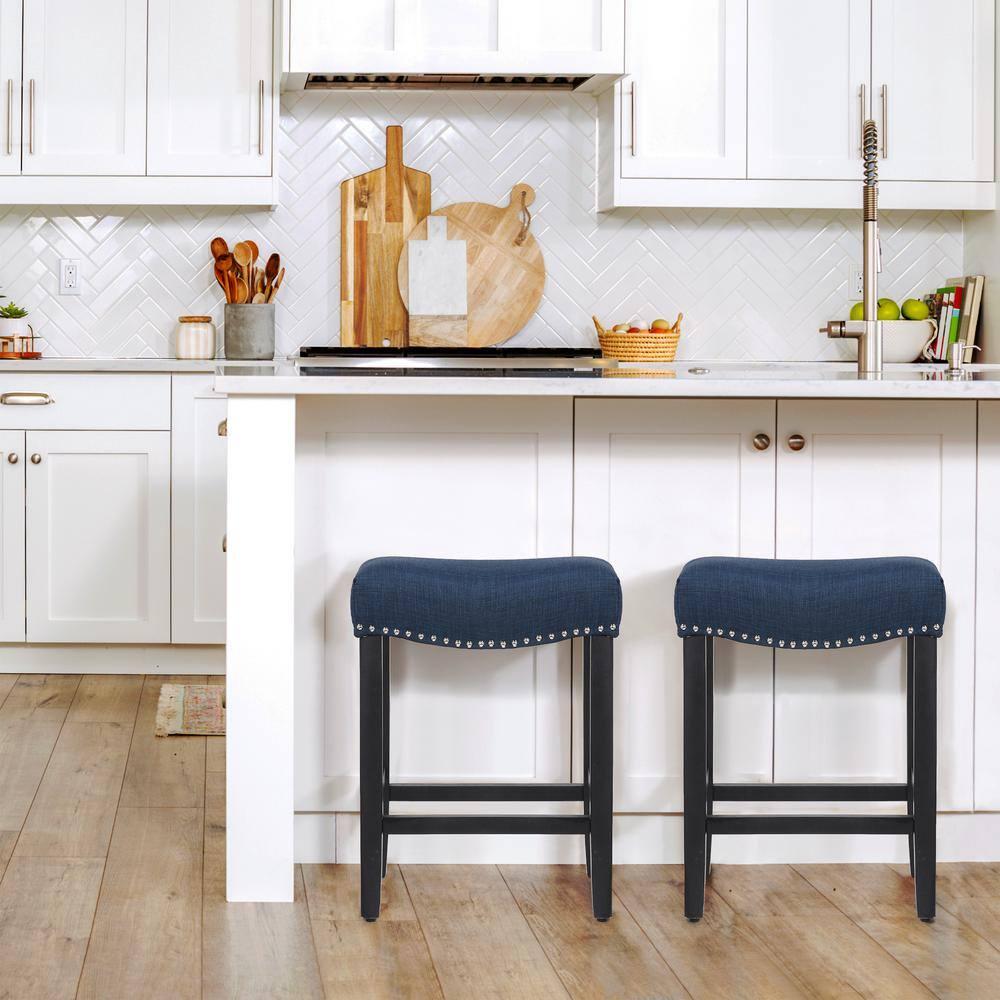 Westin Outdoor Yazan 24" Upholstered Bar Stool with Nail Head Trim (Set of 2), Black/Navy Blue