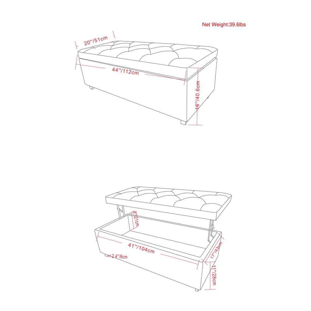 Simpli Home Hamilton 44"W Upholstered Lift-Top Storage Ottoman with Nailhead Trim and Tufted Detailing