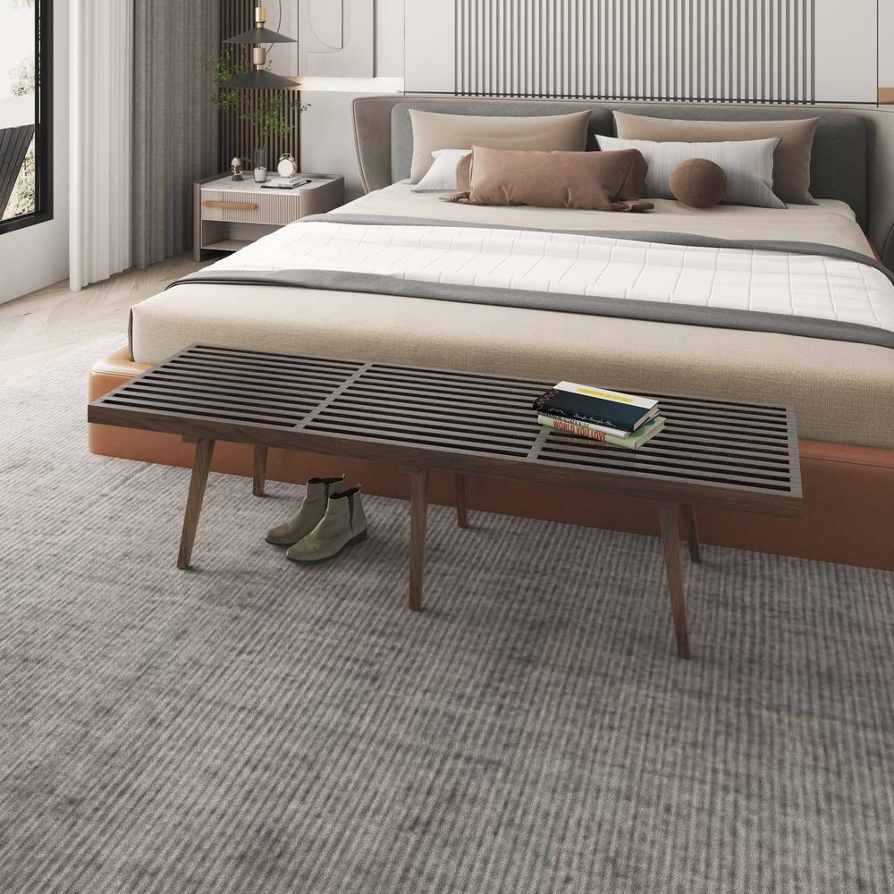 LeisureMod 72" Mid-Century Modern Slatted Wood Entry Bench, Indoor Accent Seating for Hallway or Bedroom