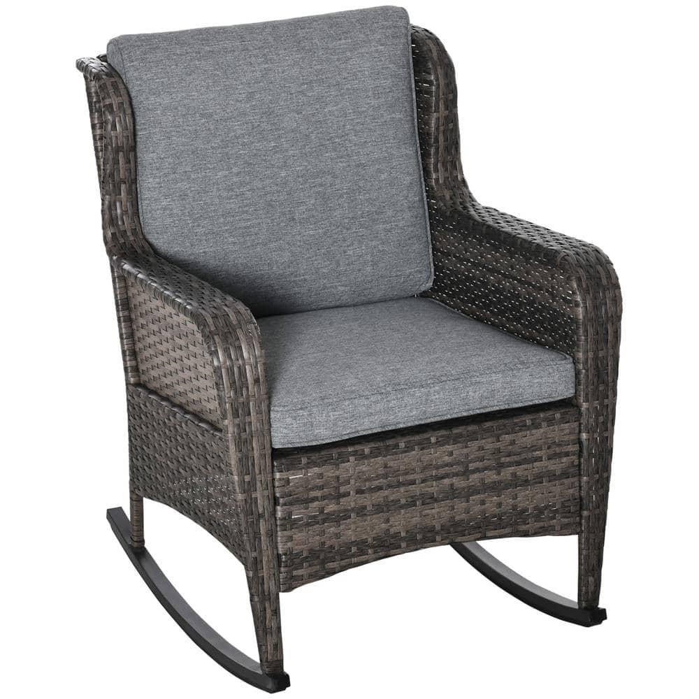 Outsunny Patio Wicker Rocking Chair, Outdoor PE Rattan Swing Chair w/ Soft Cushions for Garden, Patio, Lawn, Gray