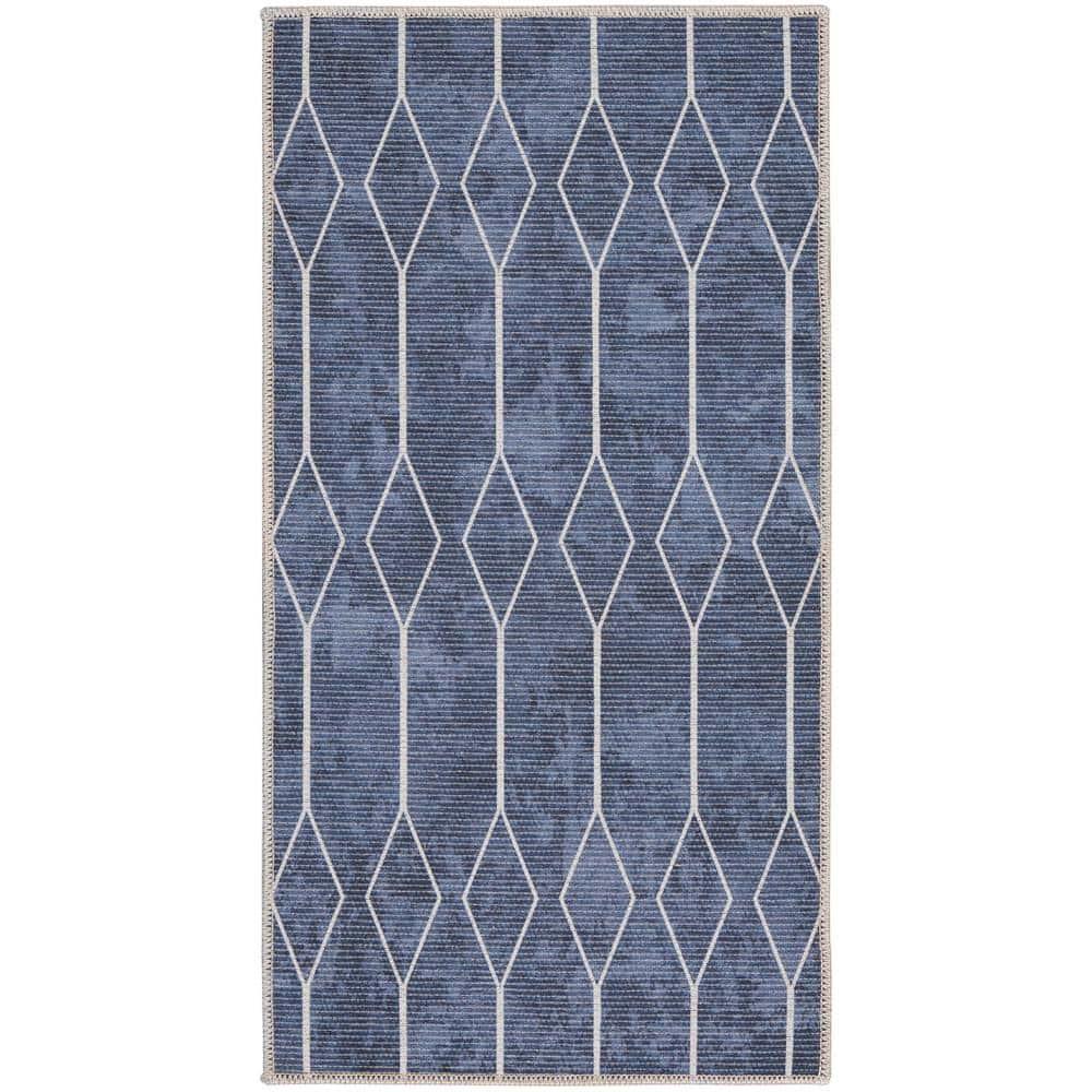 Pymble Geometric Machine Washable Area Rug in Navy Blue