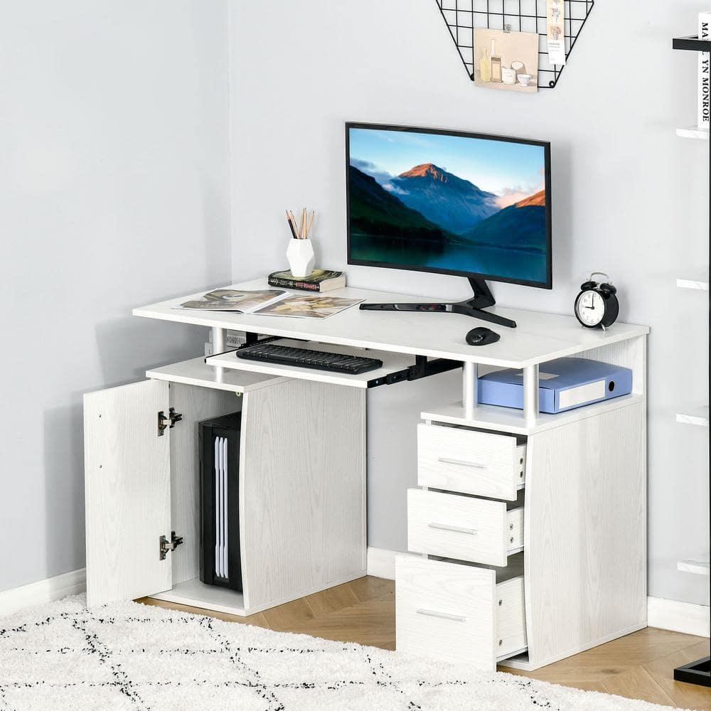 HOMCOM 47" Computer Desk with Keyboard Tray and Storage Drawers, Home Office Workstation Table with Storage Shelves, White
