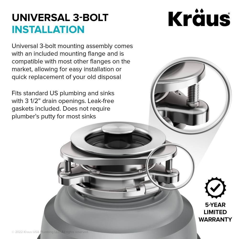 Kraus KRAUS Wasteguard High-Speed 3/4 HP Continuous Feed Ultra-Quiet Motor Garbage Disposal With Power Cord And Flange Included And Universal Mount, KWD210-75MGR